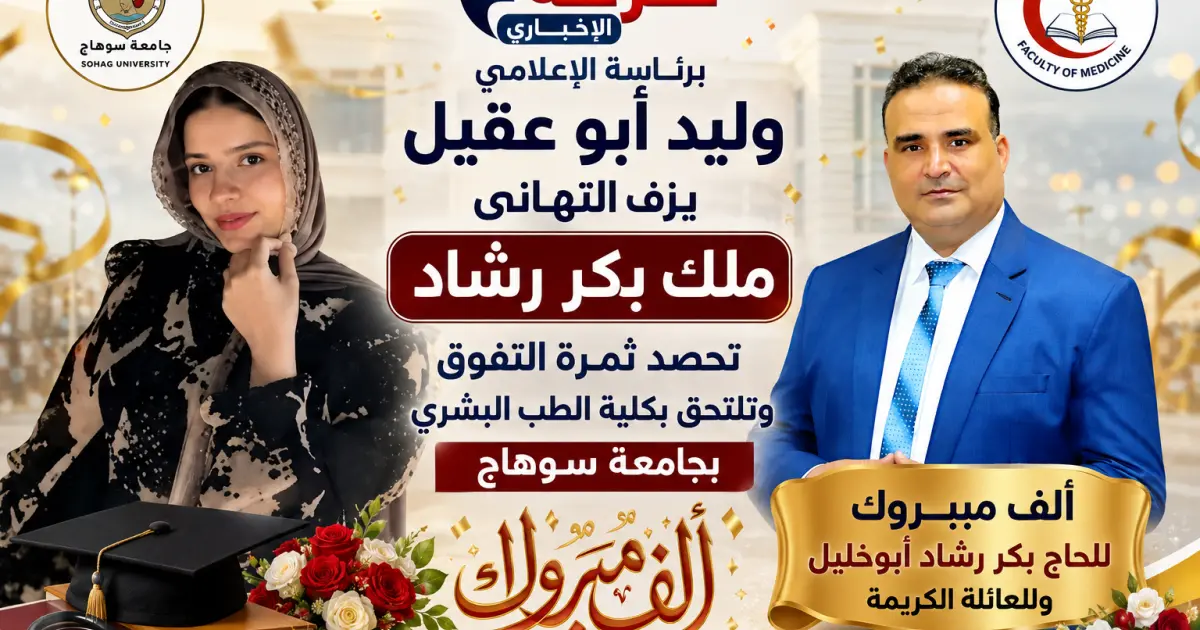 موقع فرحة الإخباري يزف التهاني.. ملك بكر رشاد تحصد ثمرة التفوق وتلتحق بكلية الطب البشري بجامعة سوهاج.. ألف مبروك للحاج بكر رشاد أبوخليل
